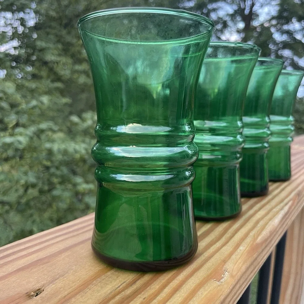 Anchor Hocking Glass Forest Green 8oz Ringed Ribbed Tumbler Vintage MCM Set Of 4